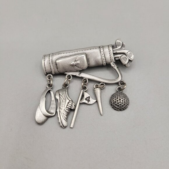 JJ Jonette Jewelry Golf Themed Brooch Dangling Charms Pewter - Picture 1 of 3